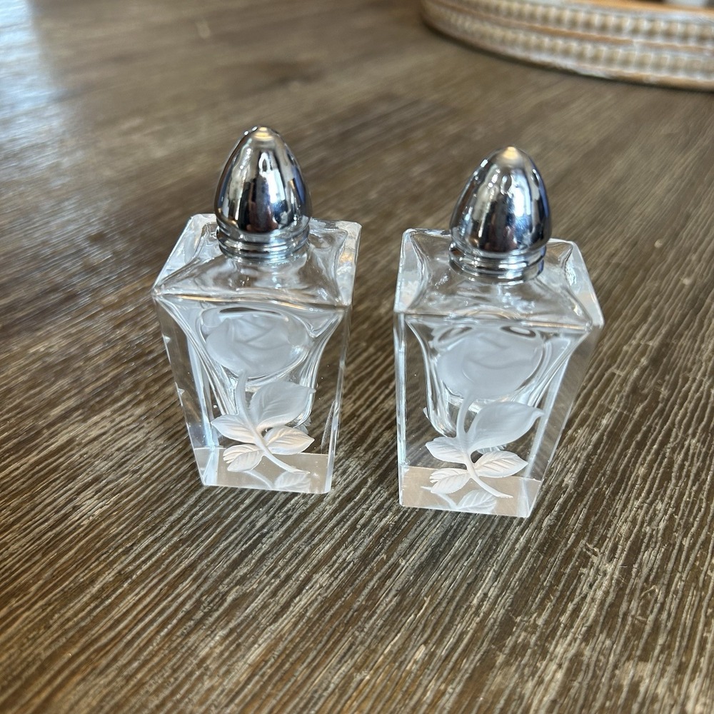 VTG Hand Cut Crystal Rose Salt Pepper Shakers Square Glass Silver Tone Germany - Picture 2 of 5